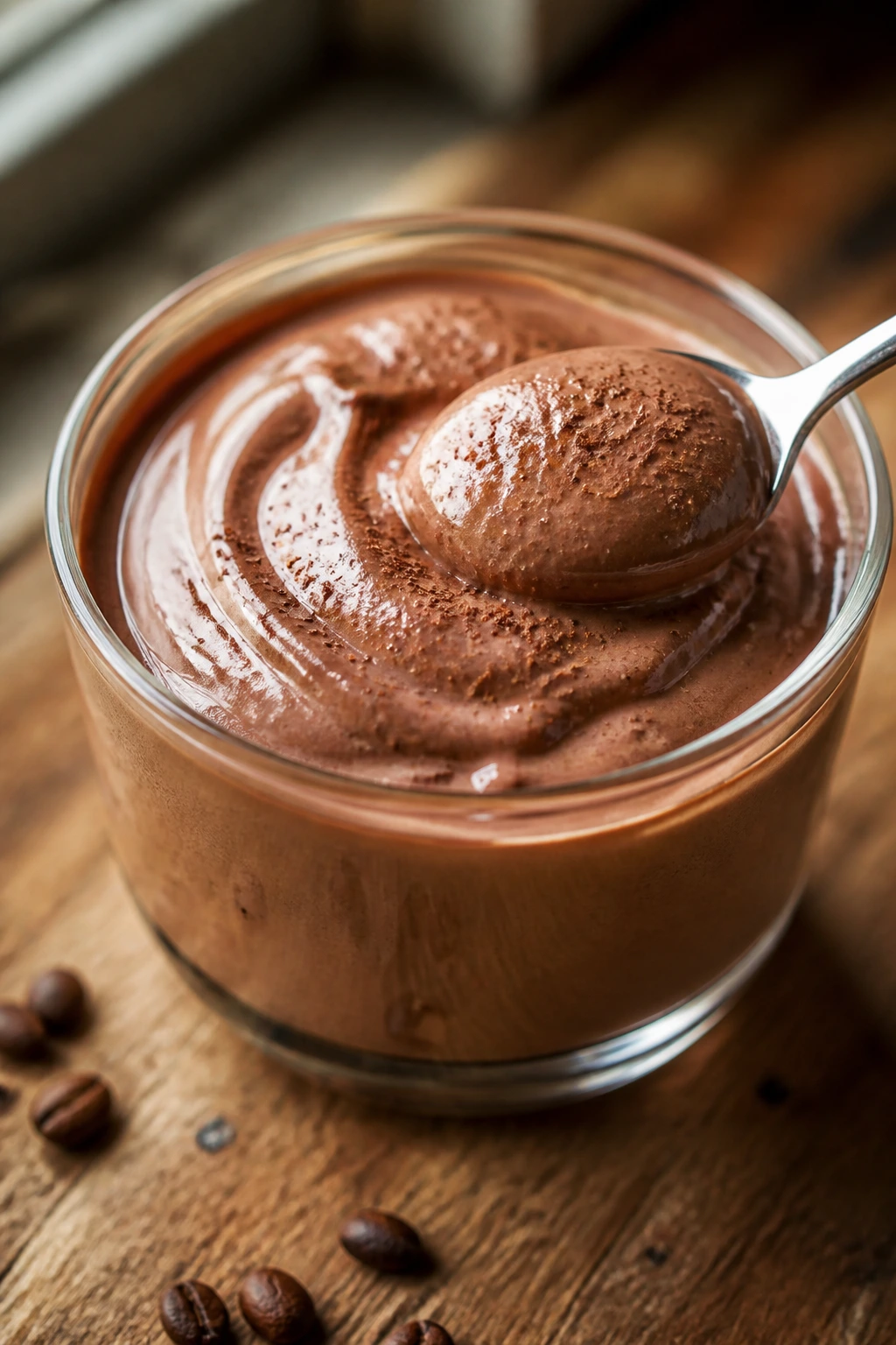 Close-up of mocha protein pudding in a glass cup on a wooden kitchen counter