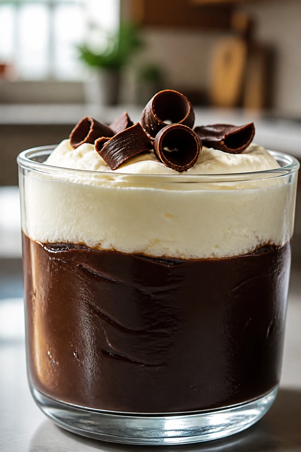 Close-up of a glass cup with layered avocado pudding and white frosting topped with chocolate curls