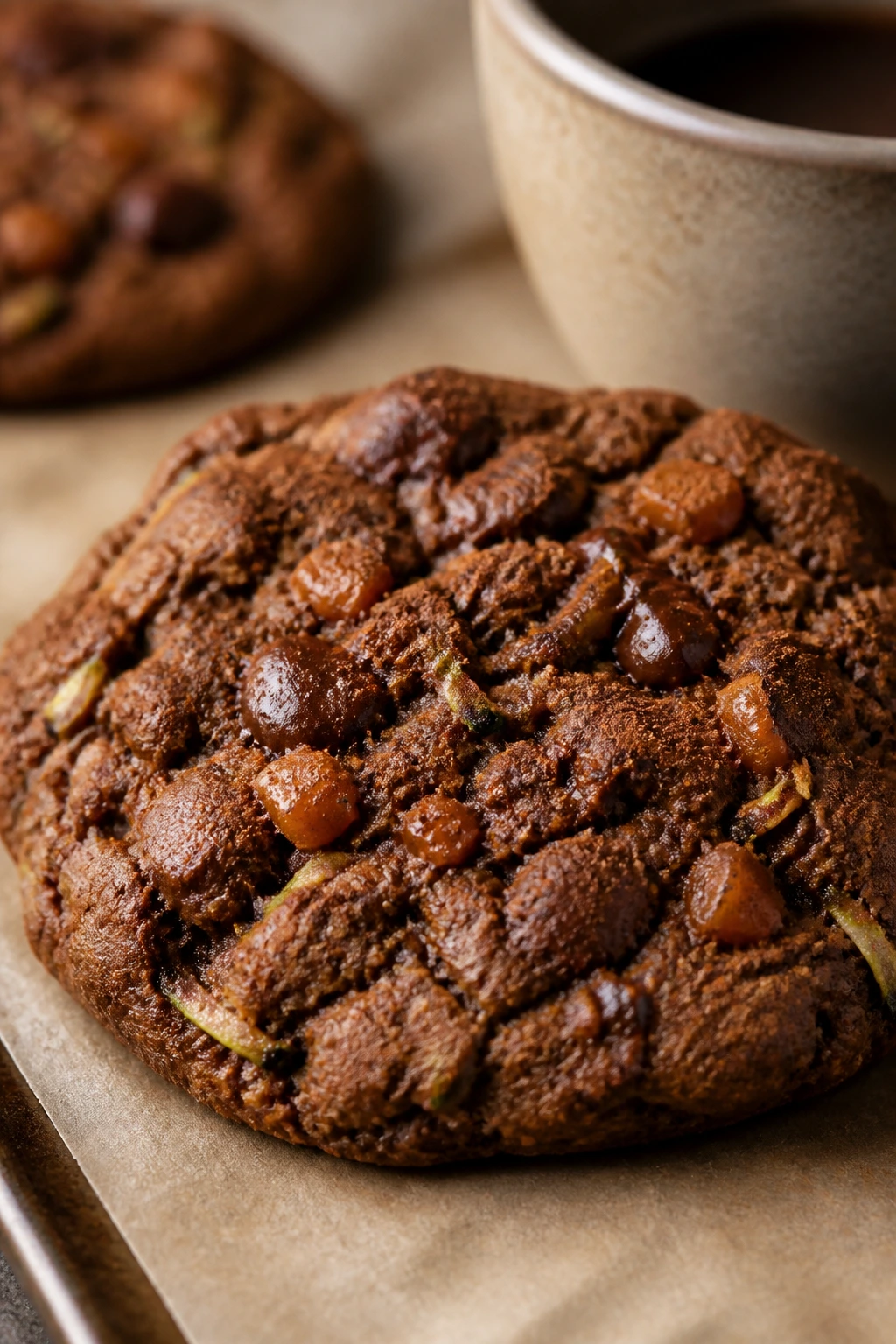 Close-up of Mocha Toffee Zucchini Oatmeal Cookie with toffee bits and cocoa texture.