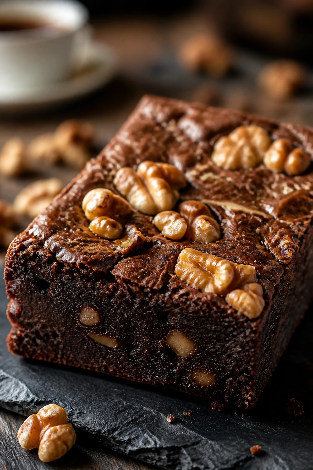 Close-up of Mocha Walnut Brownies with walnuts and espresso sheen