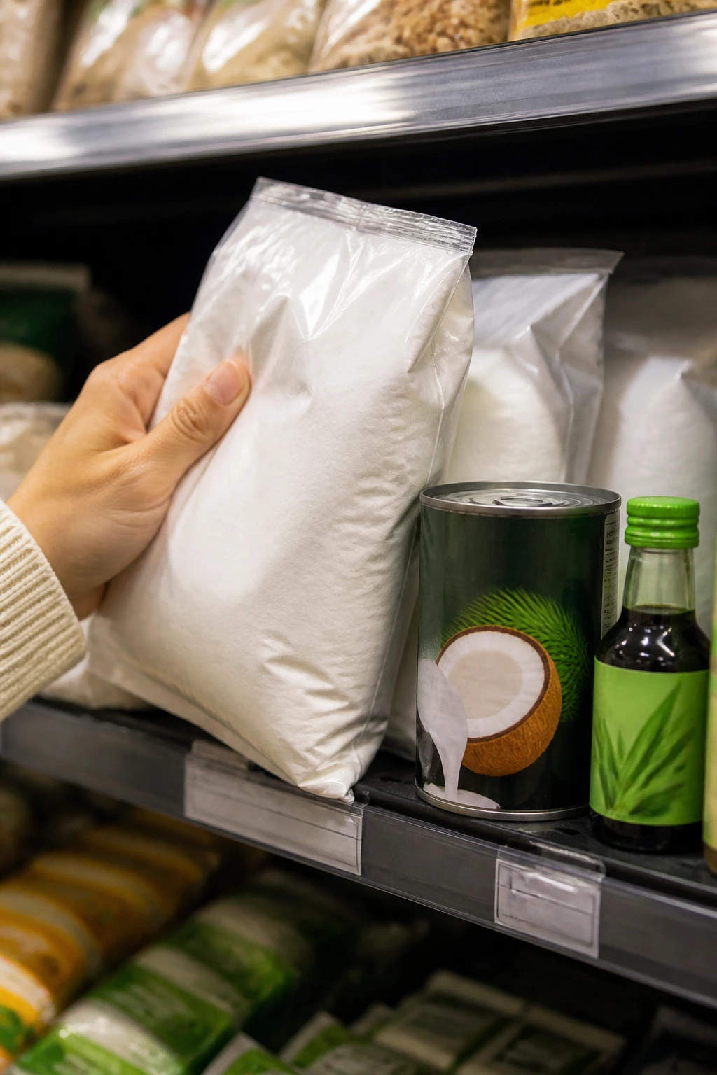 Close-up of mochiko flour bag with coconut milk and pandan extract on a grocery shelf.