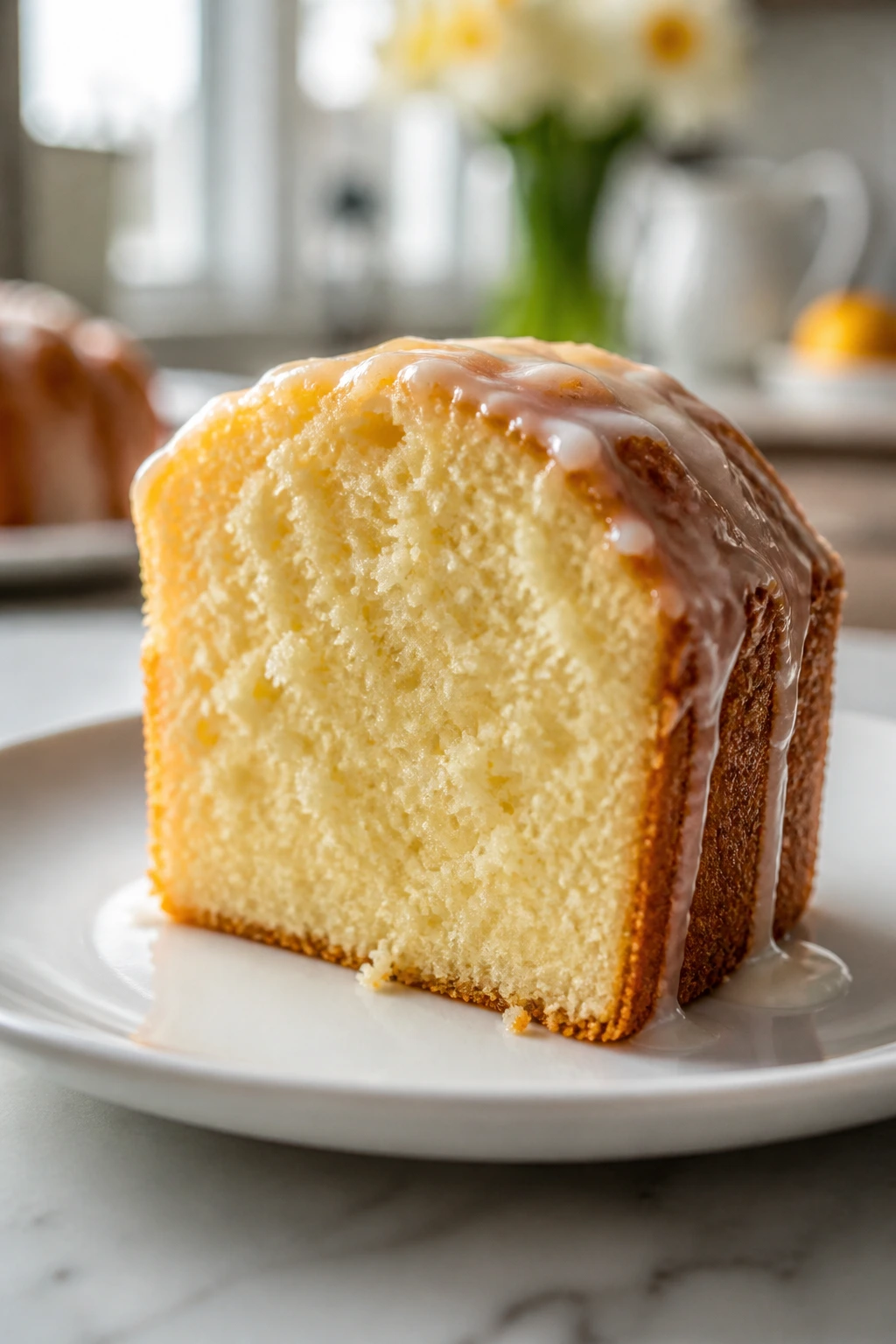 Close-up of a moist Easter cake slice with plush crumb and light glaze