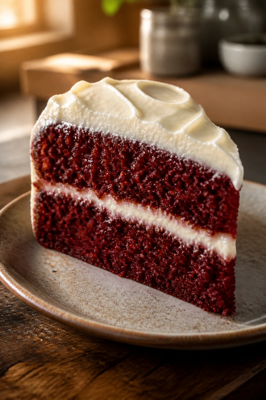 Close-up of a moist red velvet cake slice with cream cheese frosting on a rustic plate