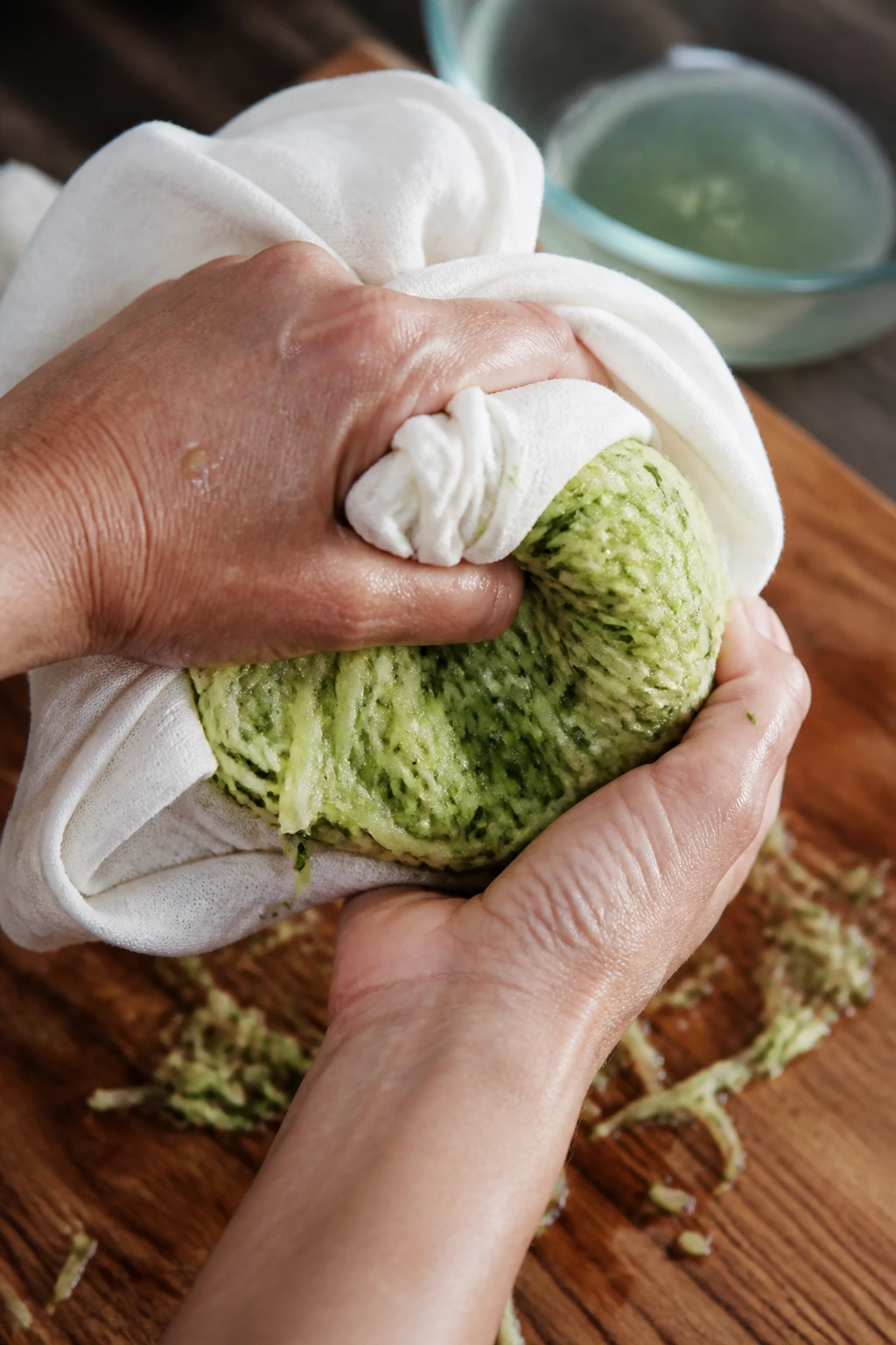 Close-up of squeezed grated zucchini in a towel