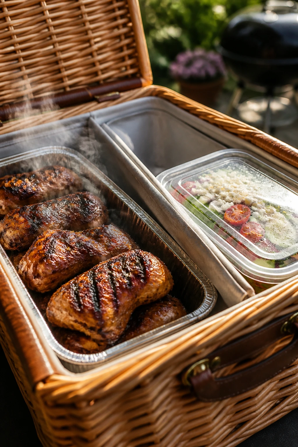 Interior of a rigid-bottom picnic basket showing hot and cold zones