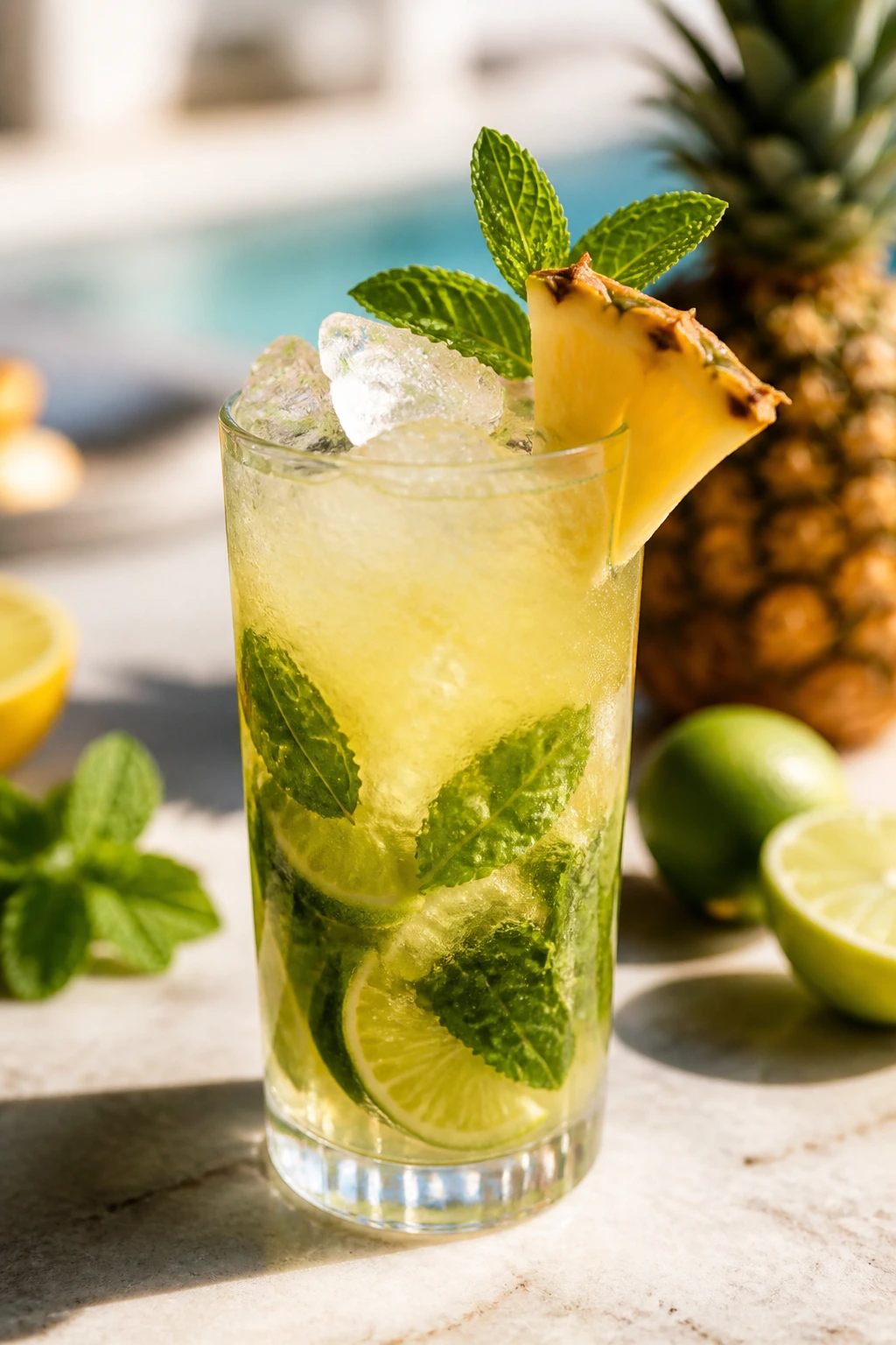 Medium close-up of a tropical mojito cocktail with mint, lime, and pineapple on a sunny counter
