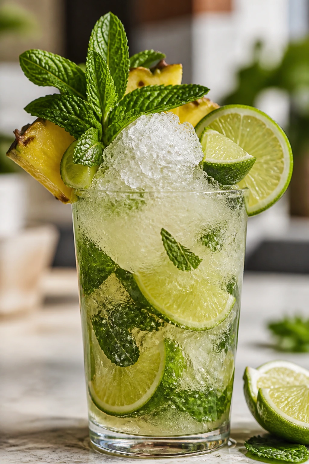 Mojito with an overfull mint, lime, and pineapple garnish in a glass on a sunny kitchen counter