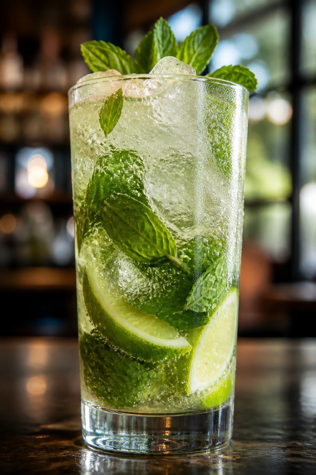 Mojito in a tall glass with mint and fizz, condensation on the glass