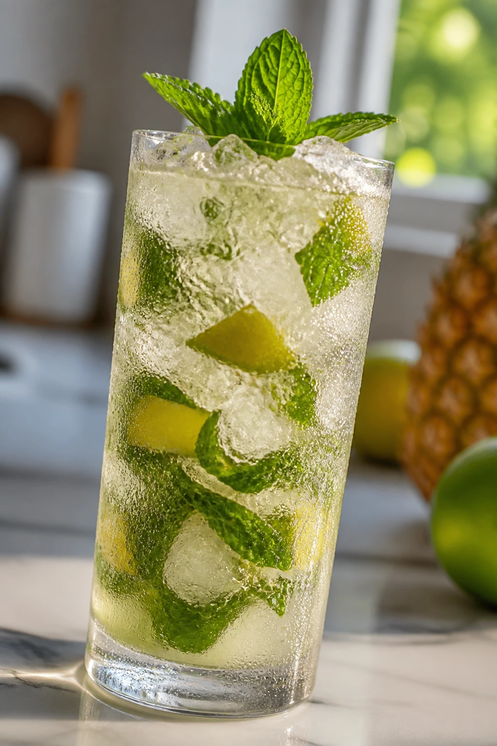 Tall Collins glass of mojito with mint and crushed ice on a kitchen counter