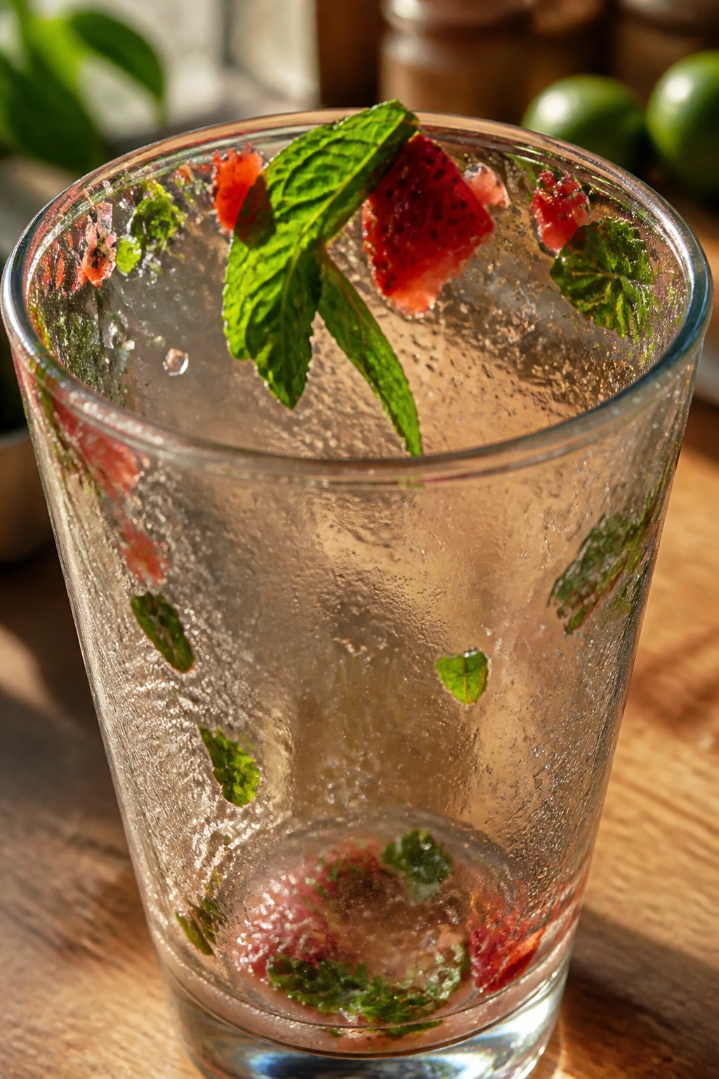 Close-up of a nearly empty mojito glass with mint and strawberry bits