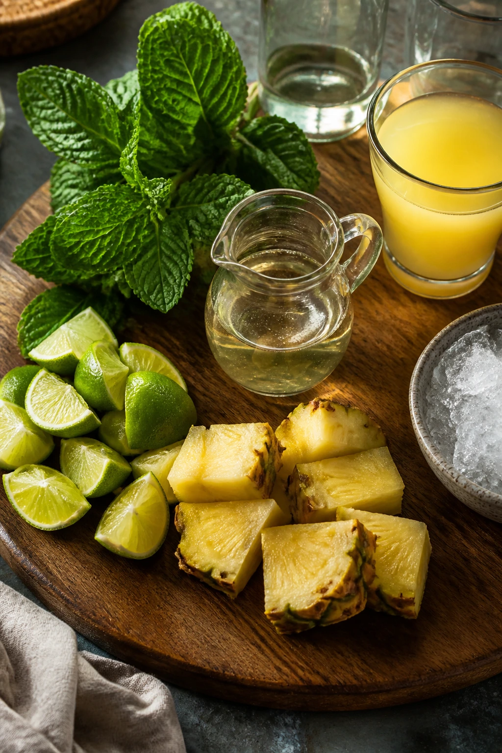 Overhead view of mojito ingredients mint, lime, pineapple, and simple syrup arranged on a board