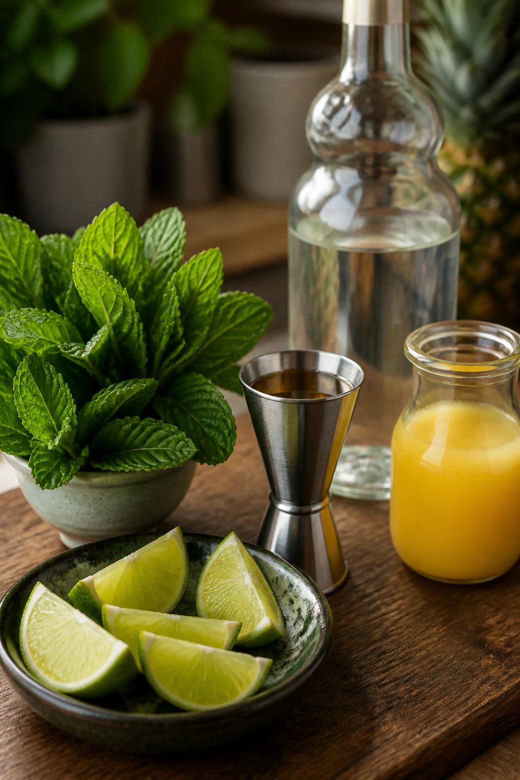 Mojito ingredients mint, lime, syrup, rum, and pineapple juice on a kitchen counter