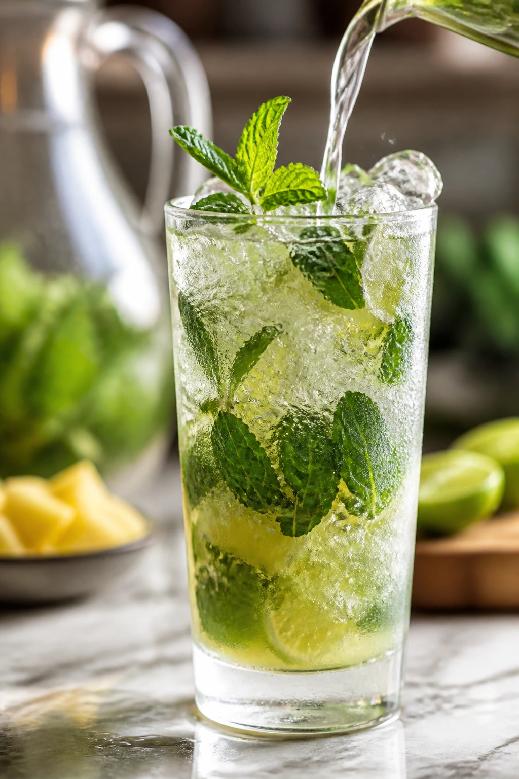 Cold mojito in frosted glass with mint, on kitchen counter; background hints at prep area