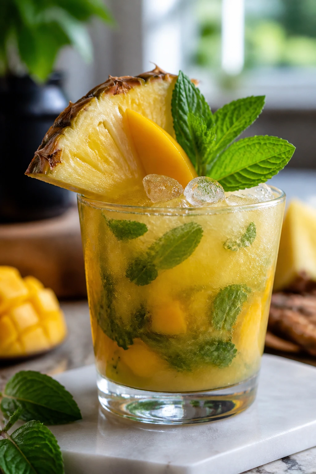 Mango-pineapple mojito with pineapple and mango garnishes