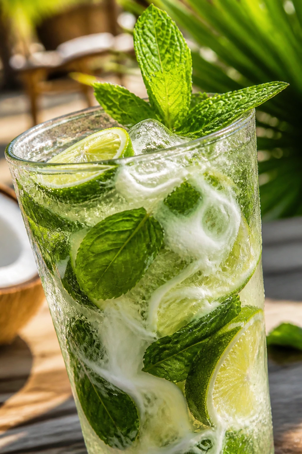 Close-up of mojito with mint and lime in sunlit outdoor cafe