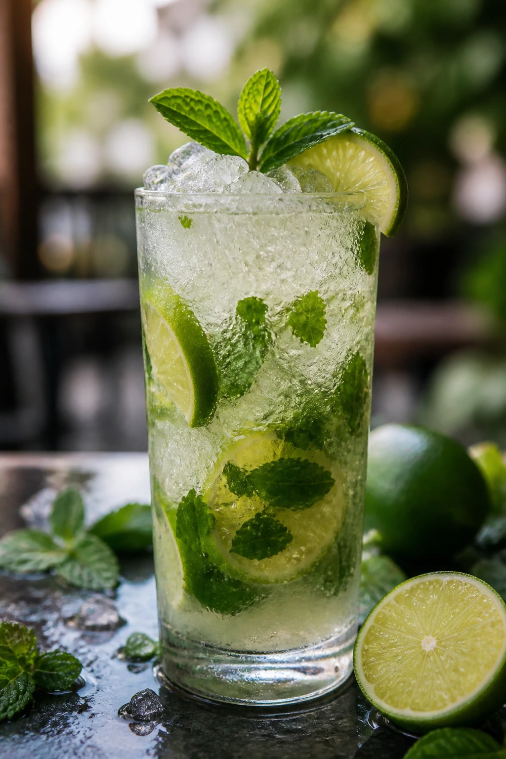 Close-up mojito with mint and lime in a glass on a sunny outdoor cafe