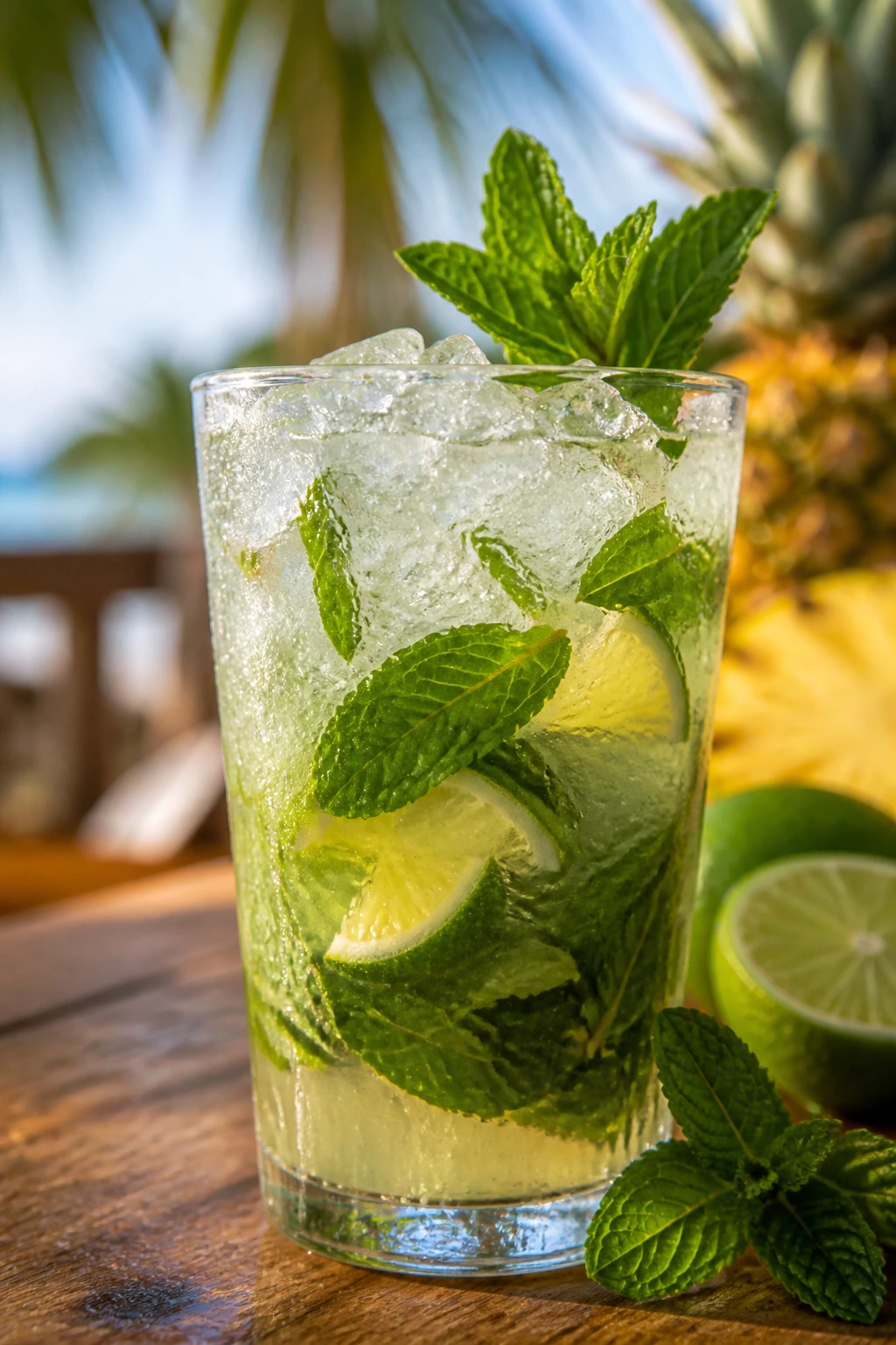 Close-up of a frosty mojito with mint and lime, pineapple blurred in a tropical background