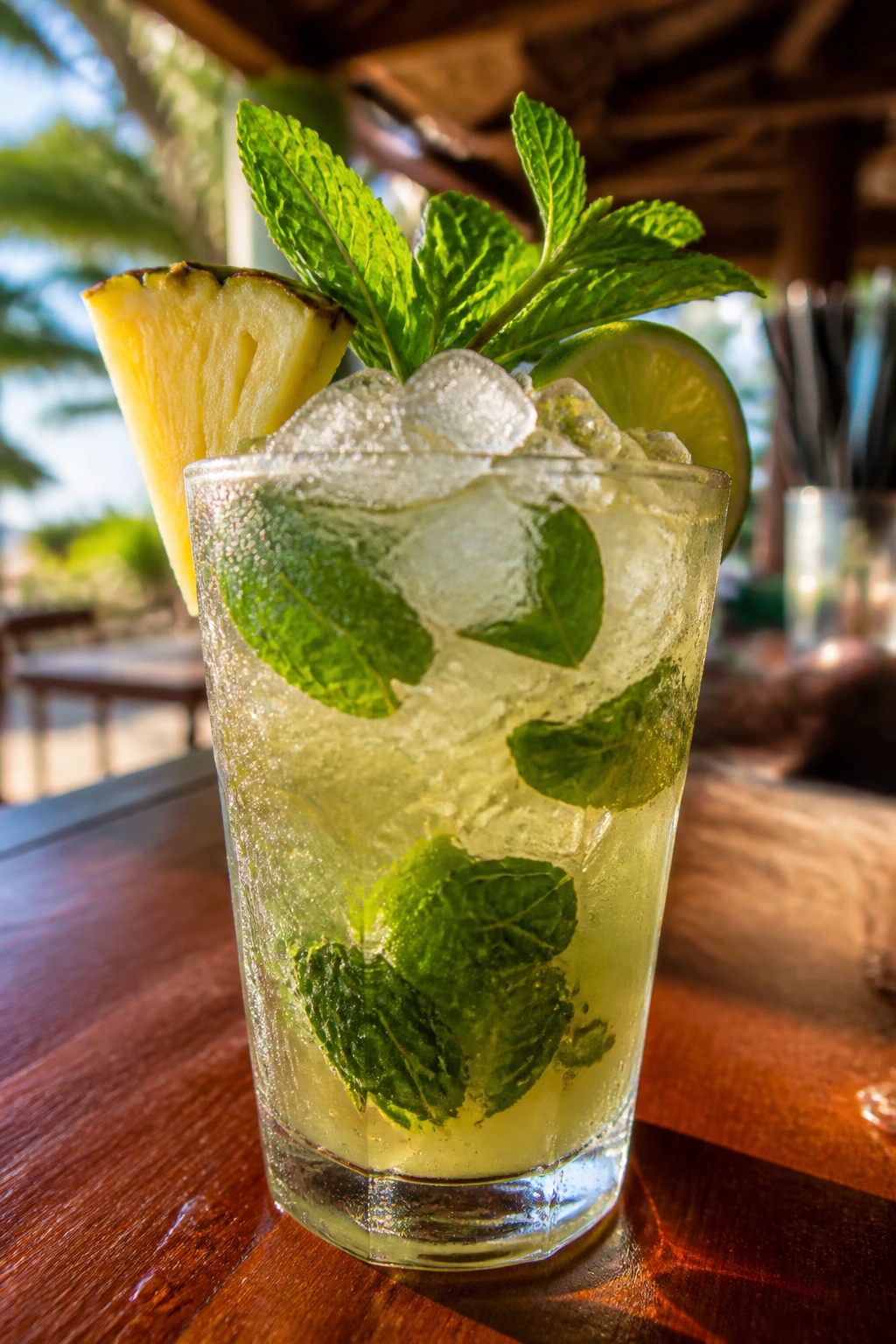 Close up of a tropical mojito glass with mint and lime on a sunlit bar