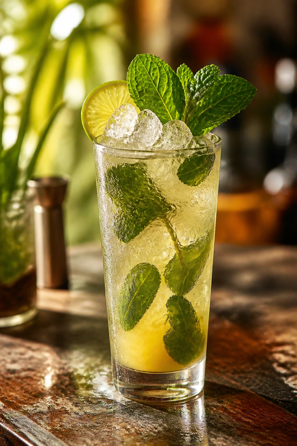 Close-up of a tropical mint mojito with crushed ice, mint, lime, and pineapple notes in a glass