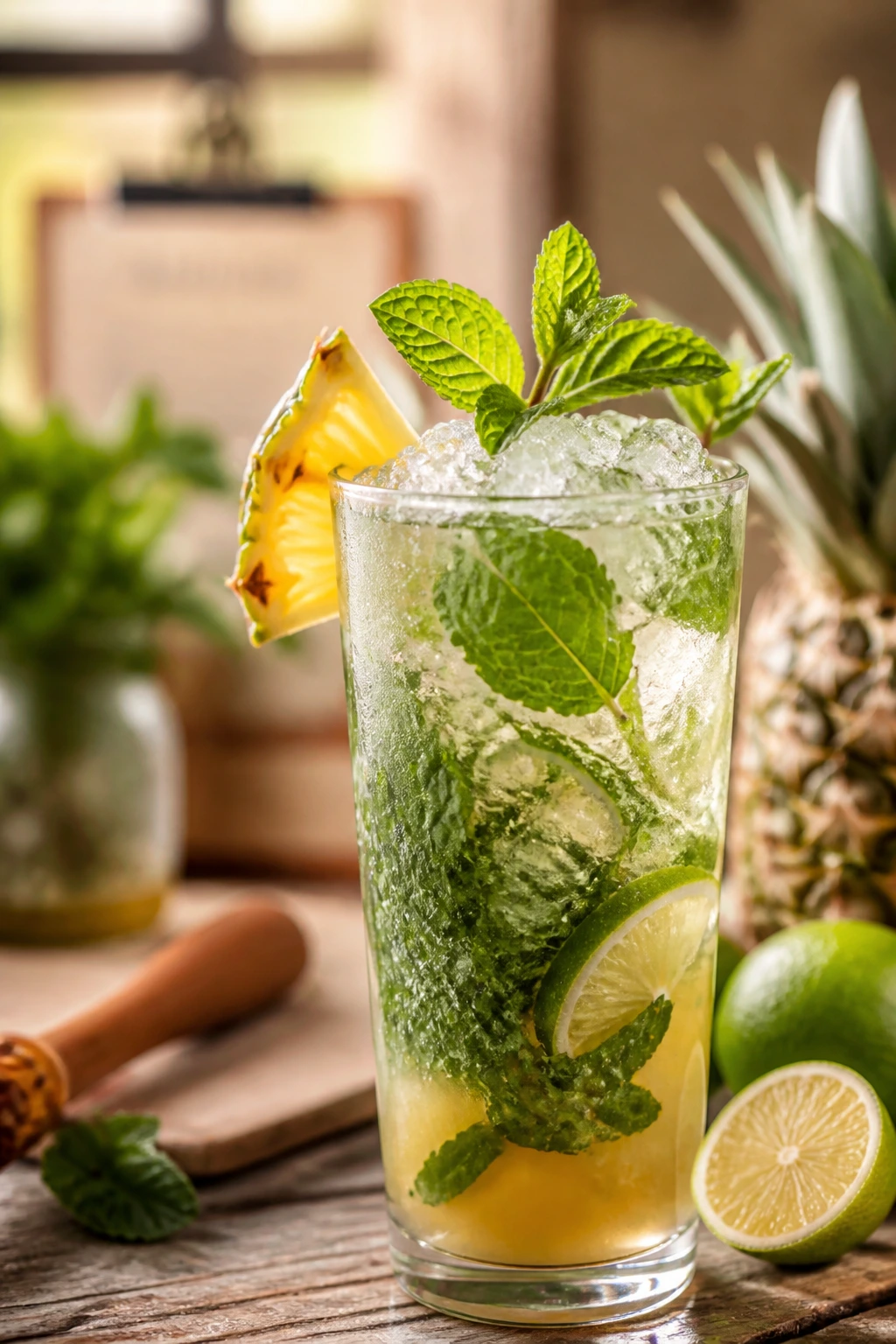 Close-up mojito glass with mint and lime on a sunlit kitchen counter with soft recipe-card backdrop