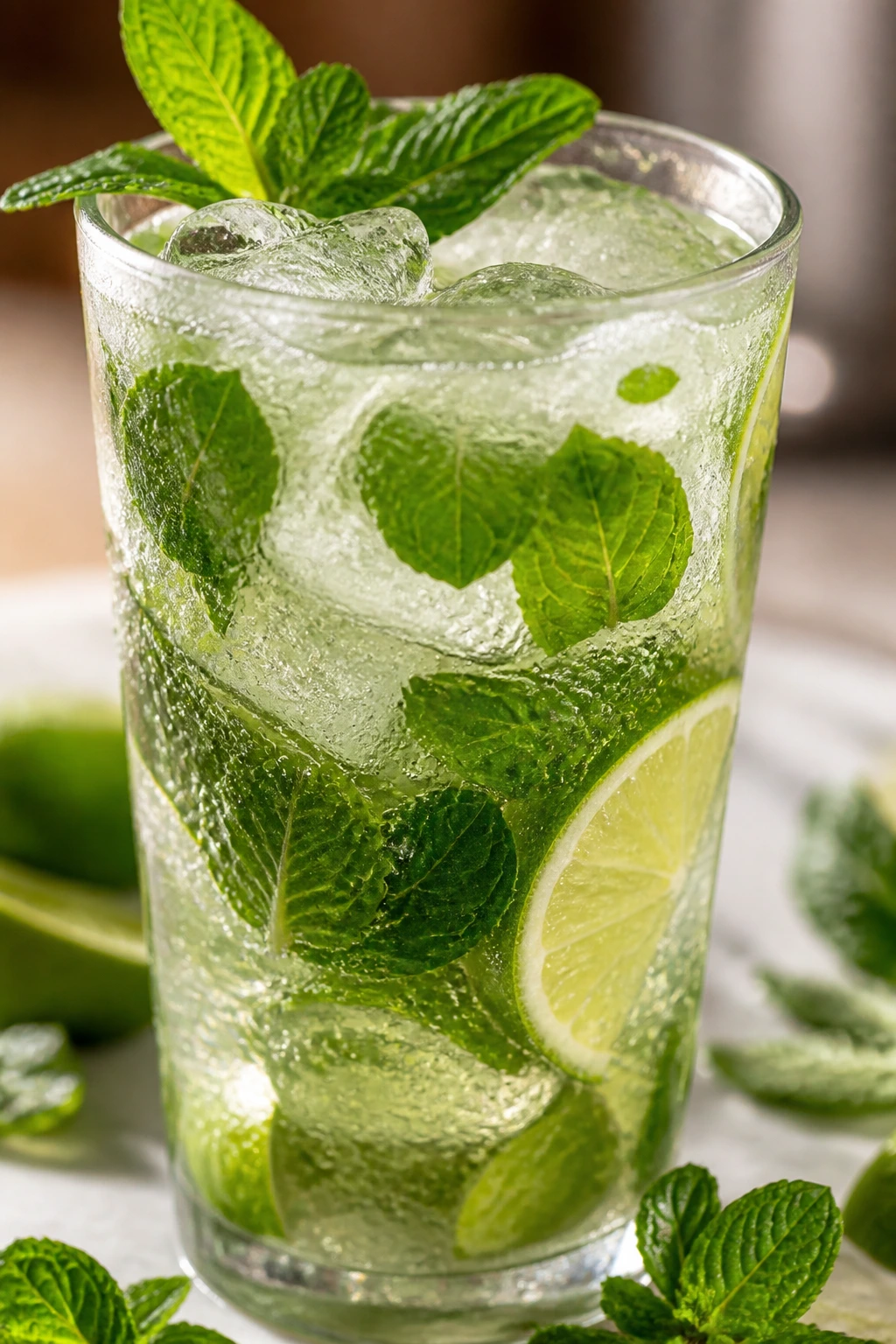 Mint Mojito in a highball glass with mint and lime