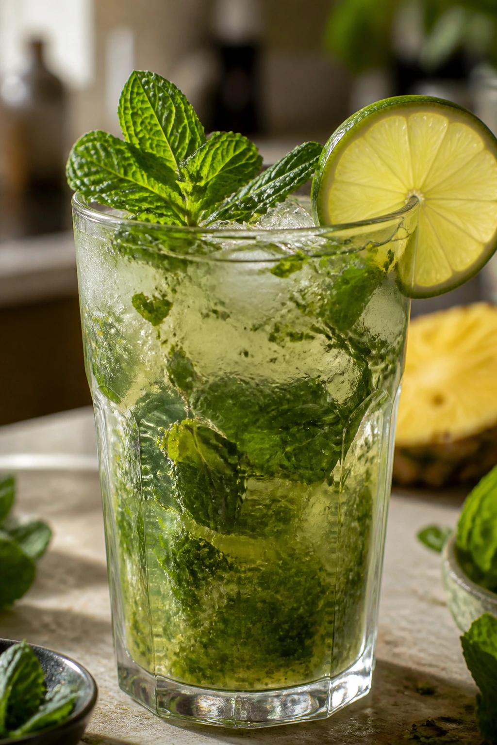 Mojito with bruised mint and speckled liquid showing common mistakes