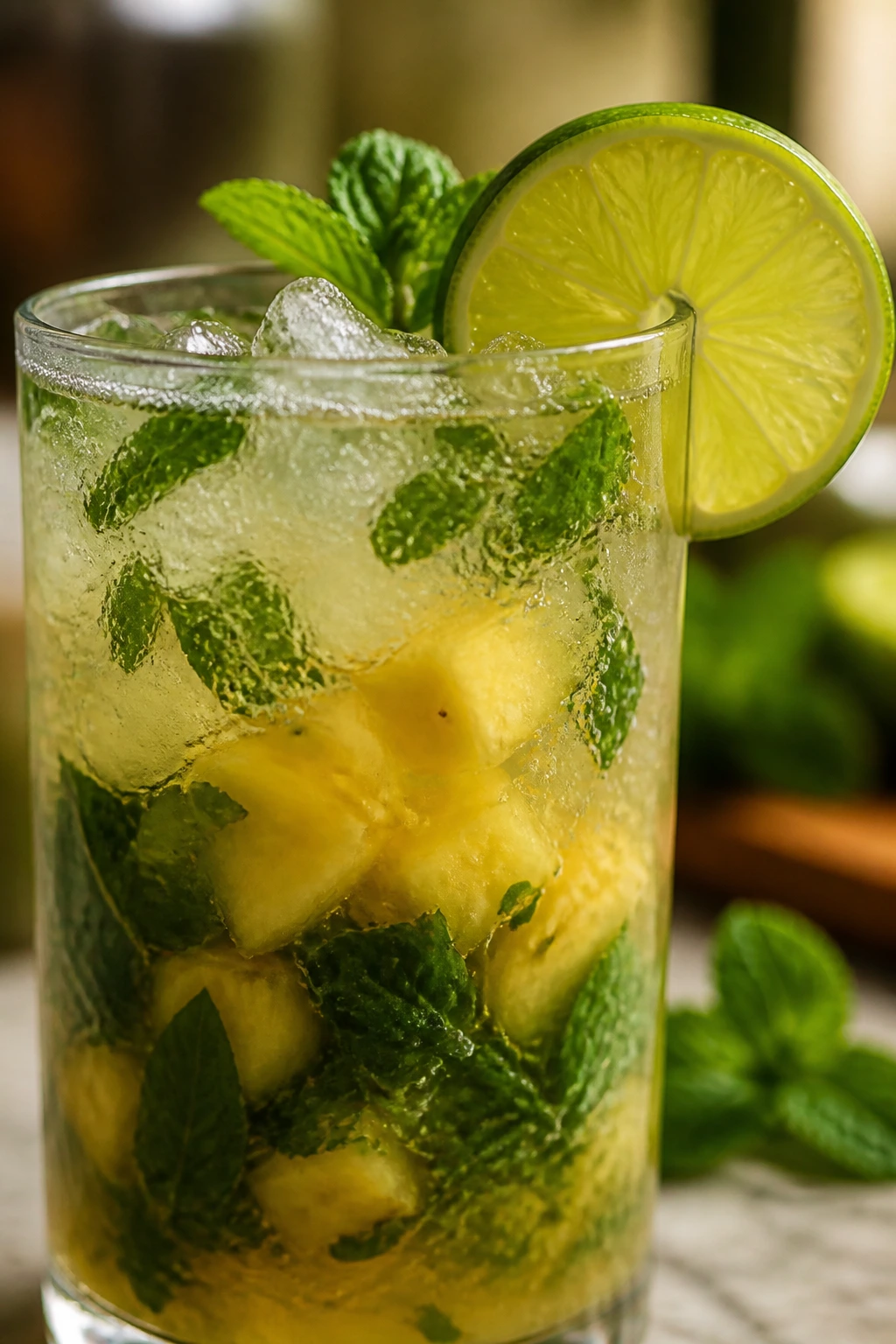 Close-up of mojito with muddled pineapple and mint in a glass on a kitchen counter