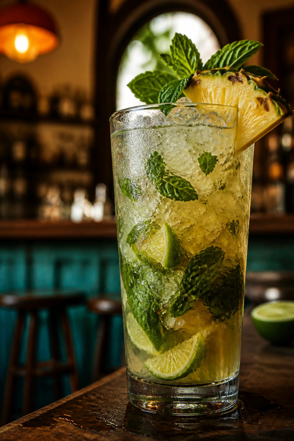 Mojito with mint and pineapple notes on a bar in a Cuban-inspired setting