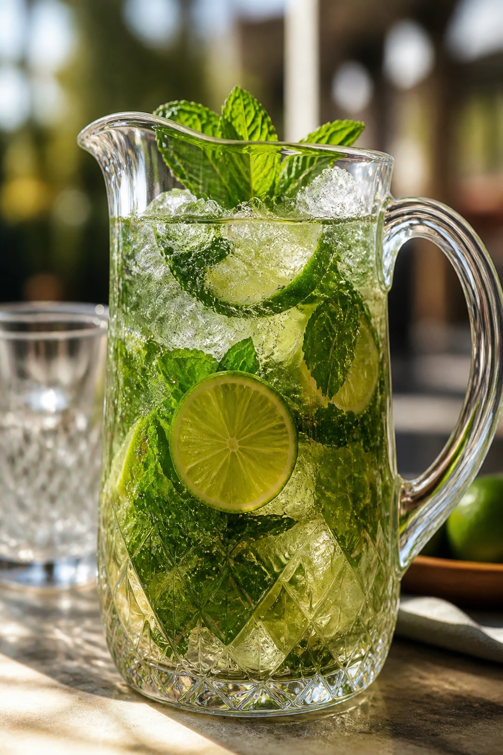 Mojito pitcher with mint and lime on sunny outdoor table