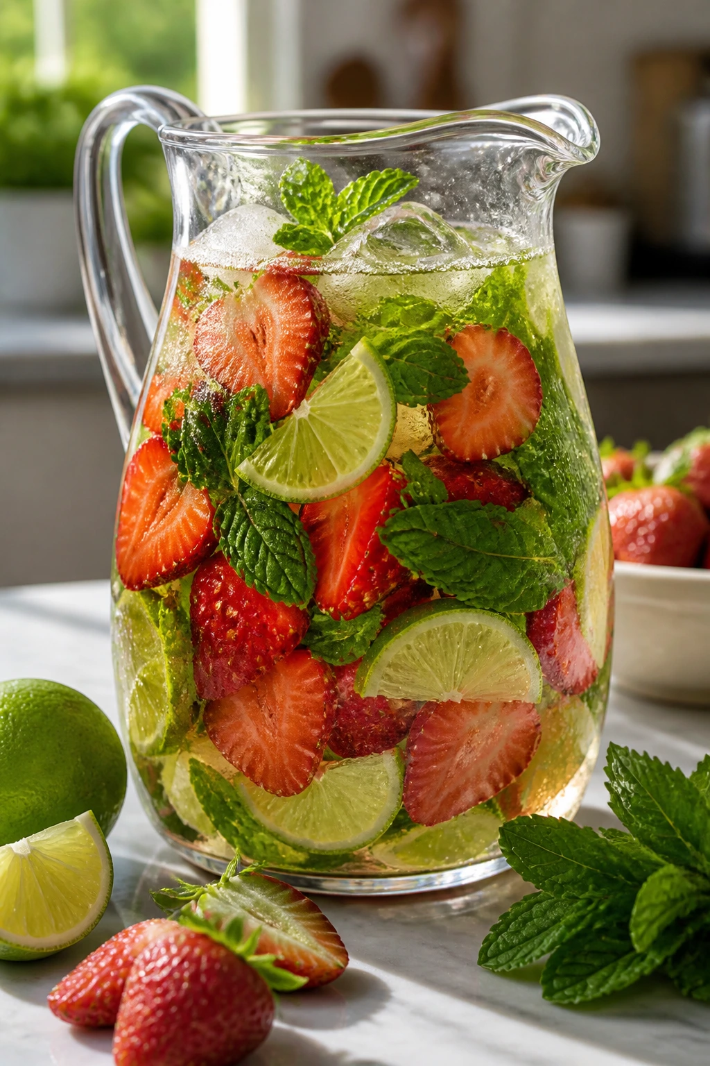 Pitcher with strawberries mint lime for mojito on counter