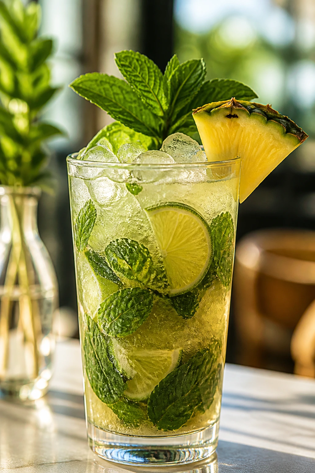 Bright mojito with mint and lime in a glass on a sunny cafe table