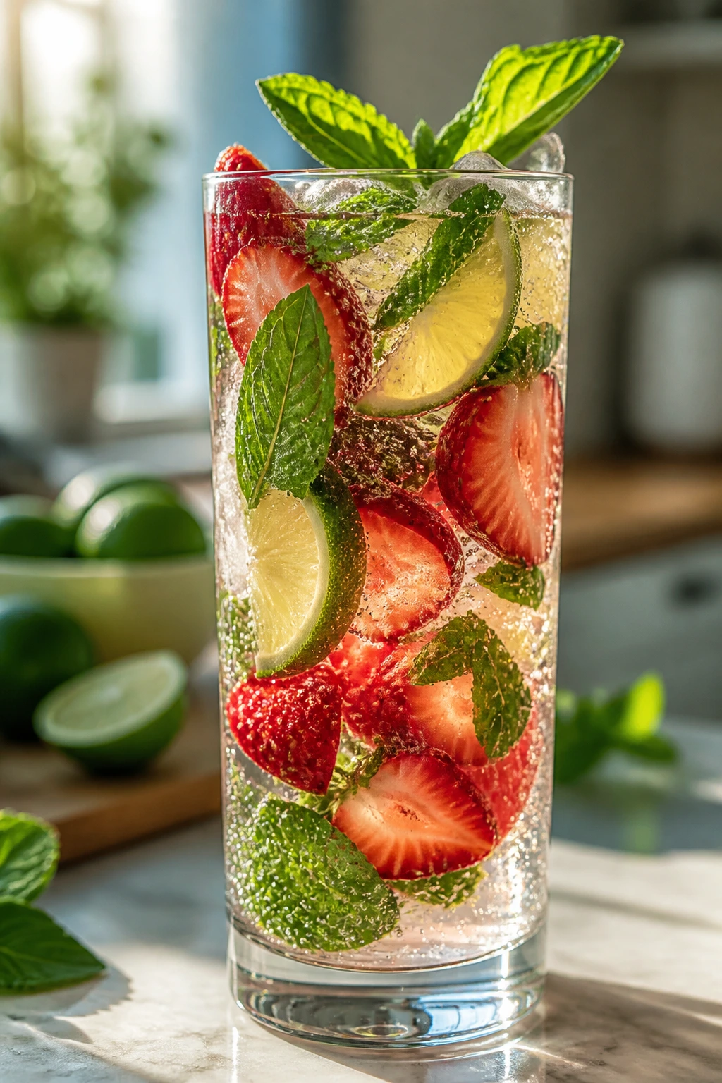 Tall glass mojito with strawberries mint lime on sunlit kitchen counter