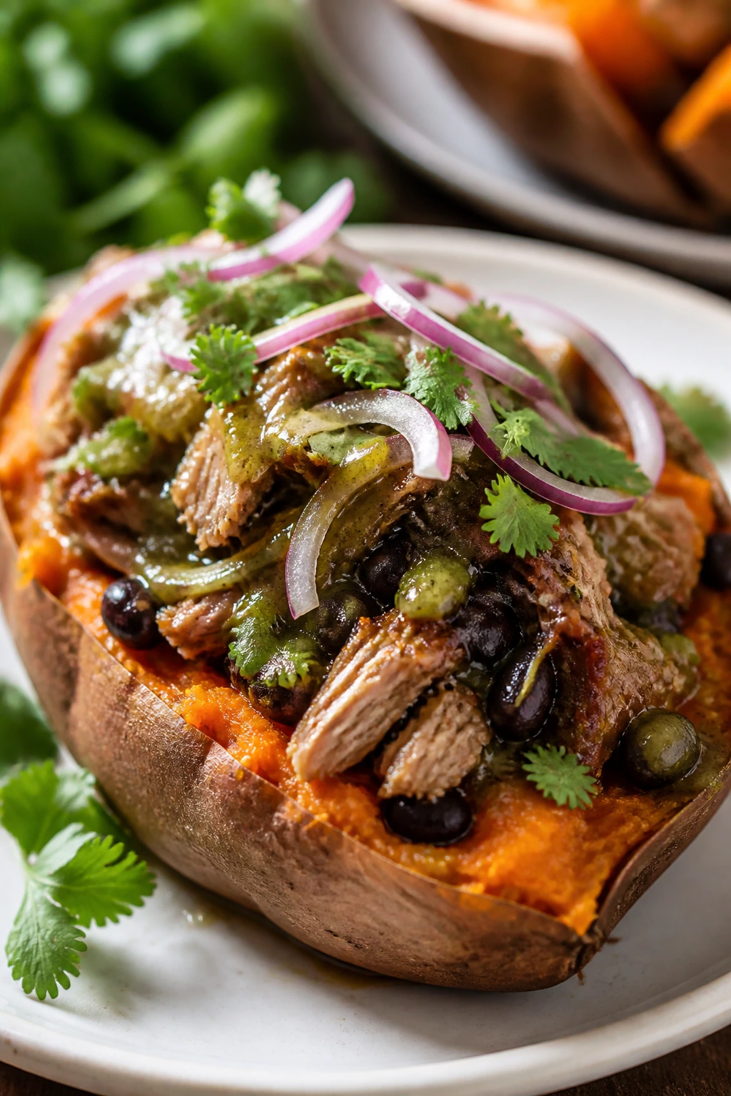 Stuffed potato with mojo pork and black beans