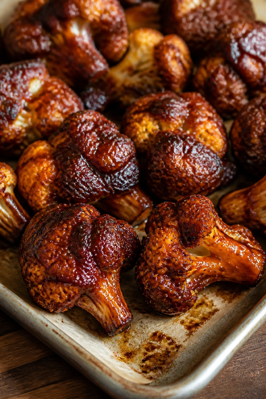 Close-up of molasses-glazed cauliflower wings on parchment-lined sheet pan