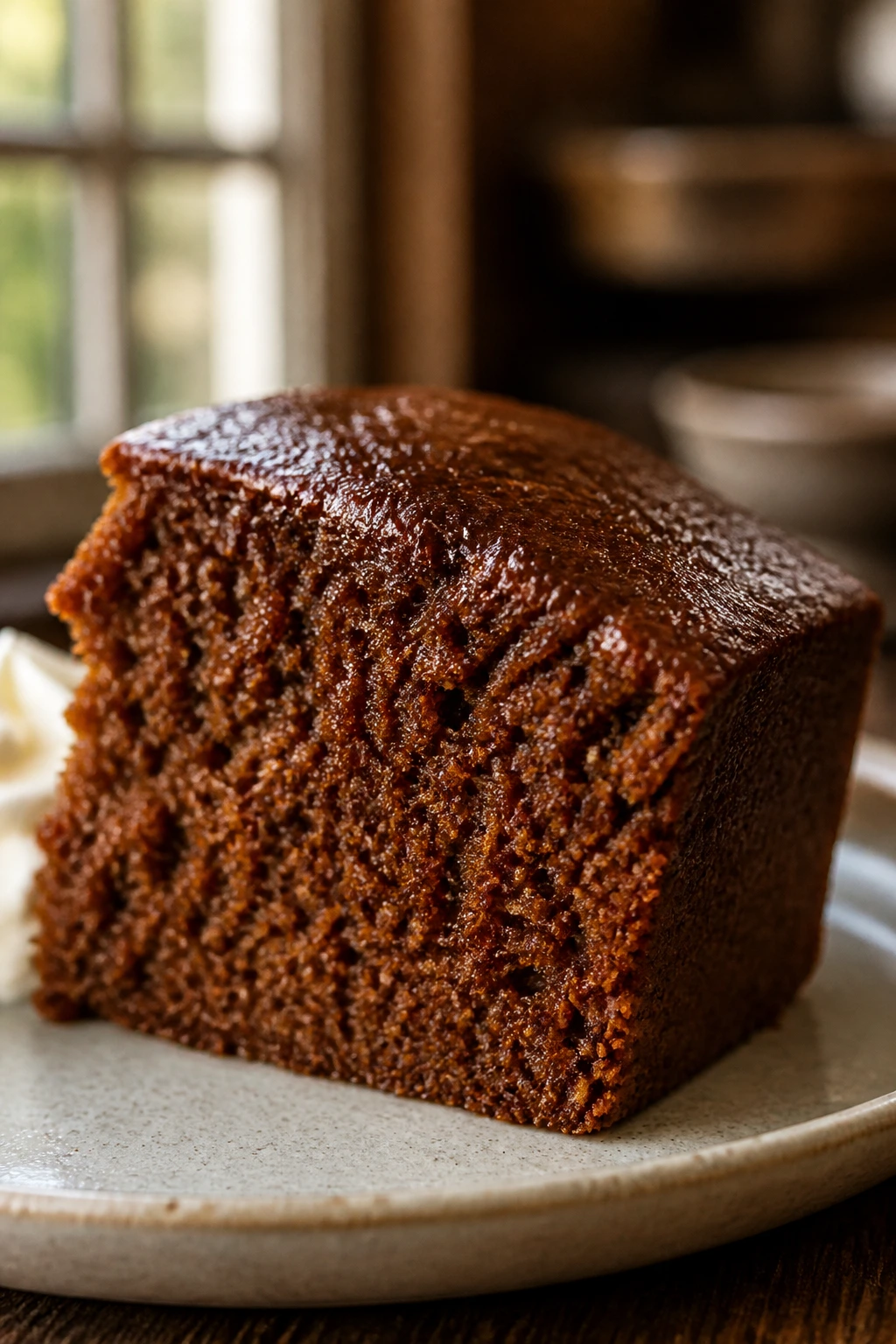 Close-up of molasses ginger cake slice with moist crumb