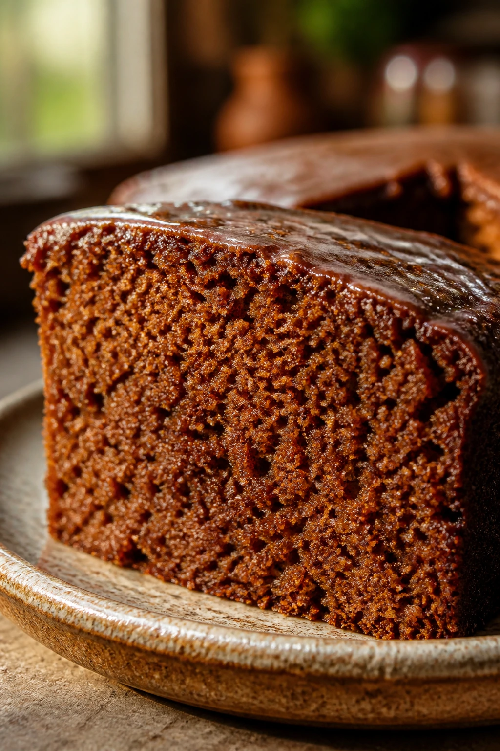 Close-up of a slice of spiced molasses cake with deep amber crumb
