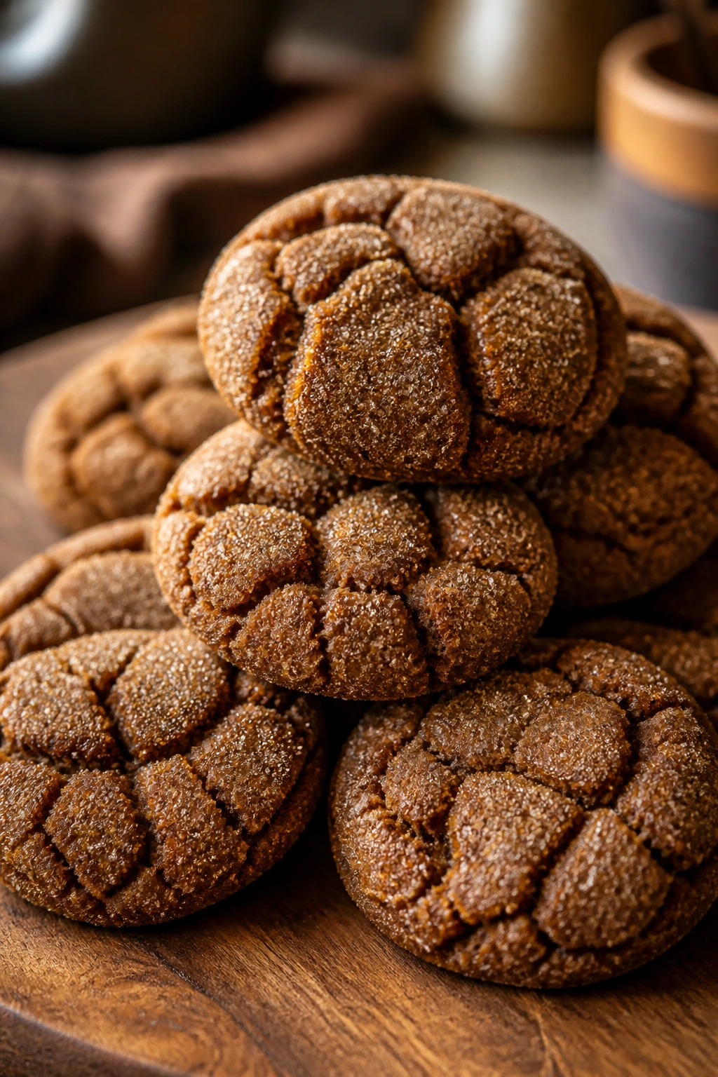 Close-up of molasses button cookies with cracked tops and sugar on a wooden surface