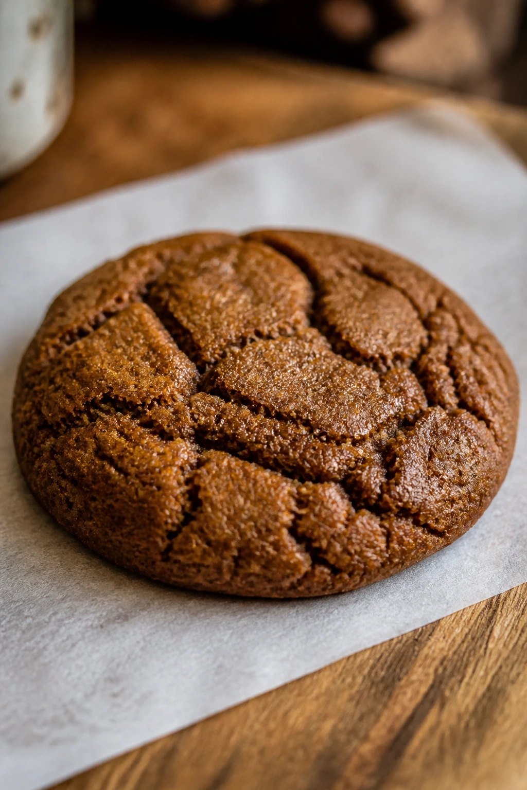 Close-up of chewy molasses cookie with cracks on parchment in a warm kitchen