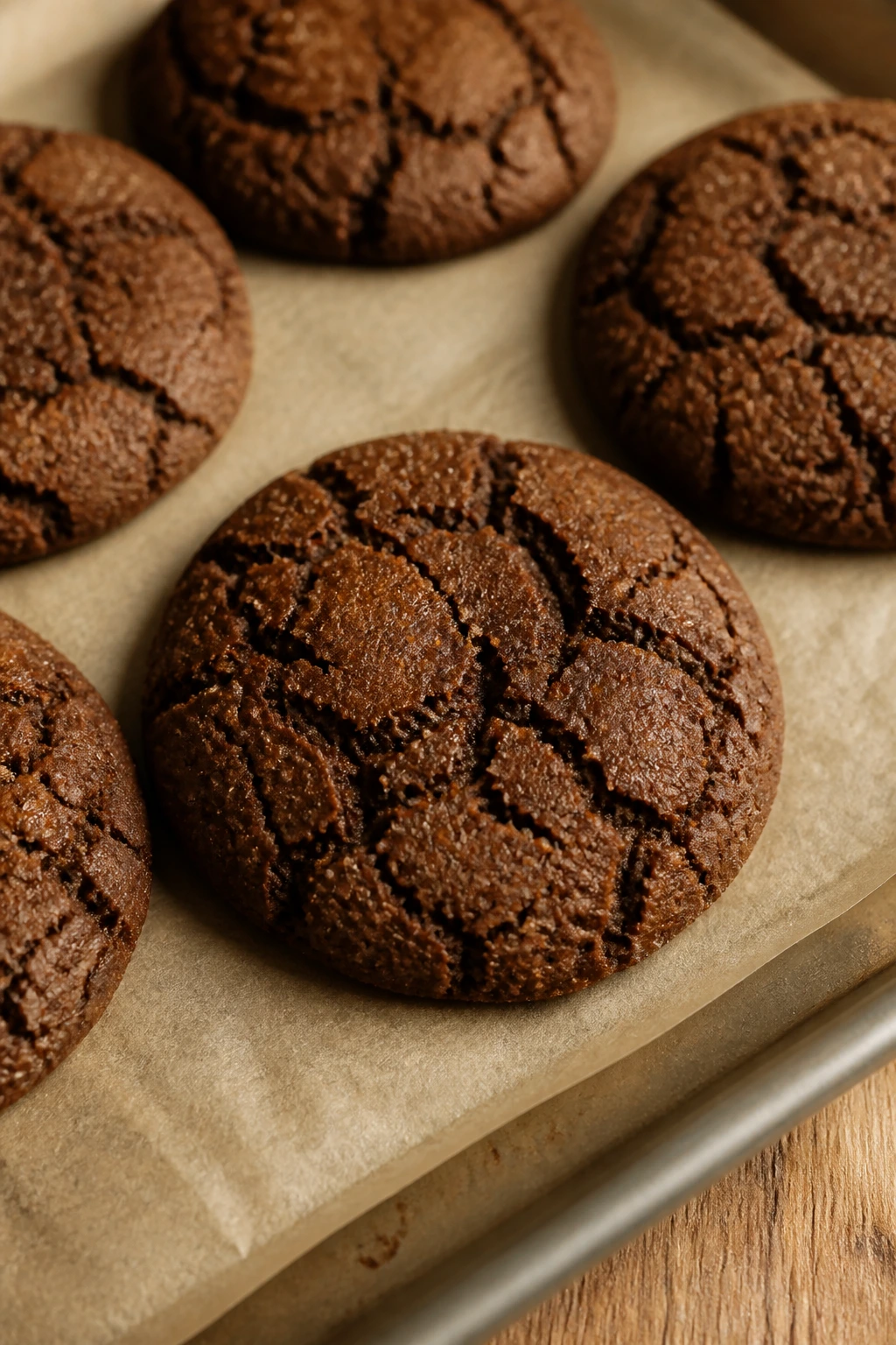 Close-up of deep, crackled molasses cookies on parchment