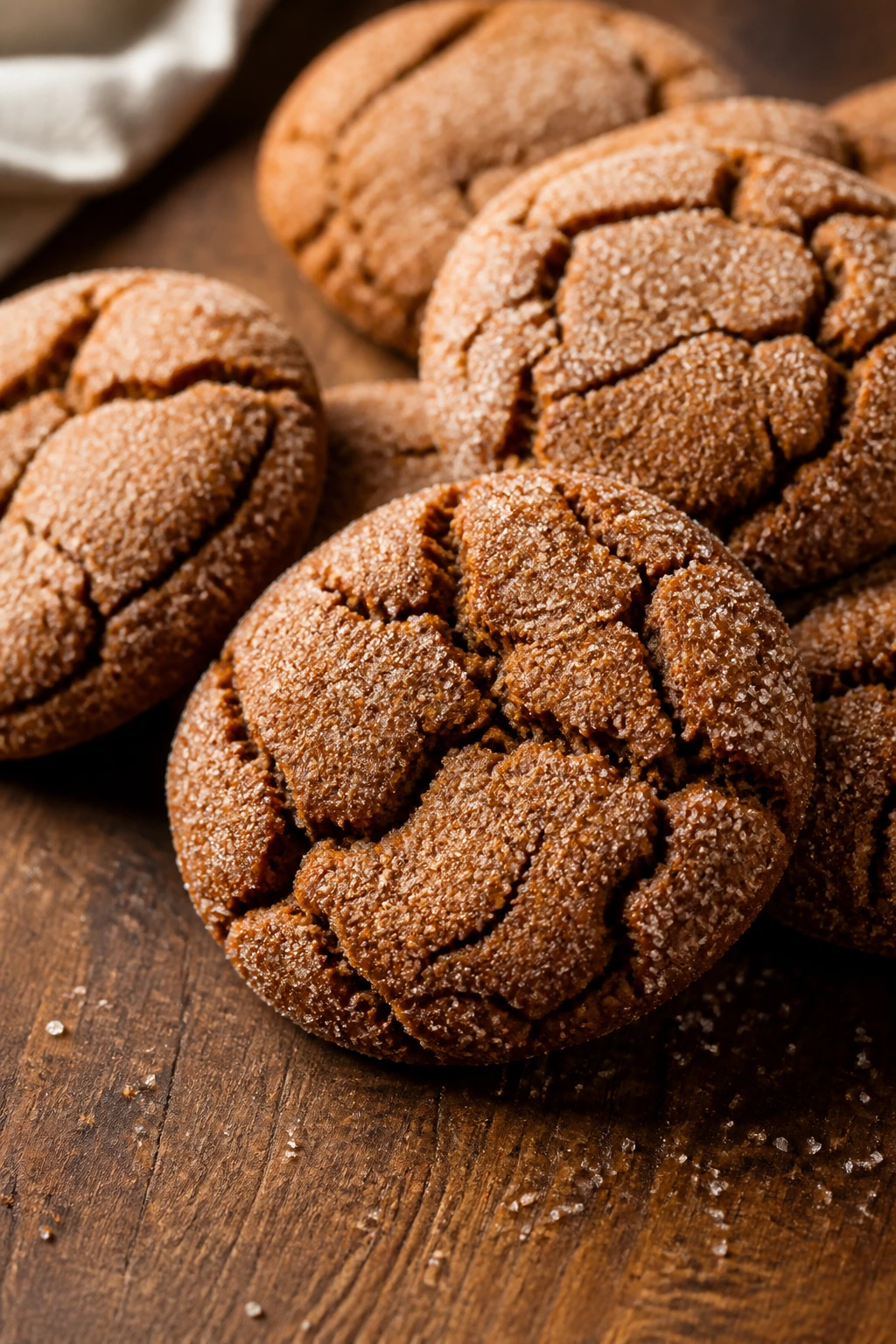 Close-up of soft molasses crinkle cookies with sugar coating