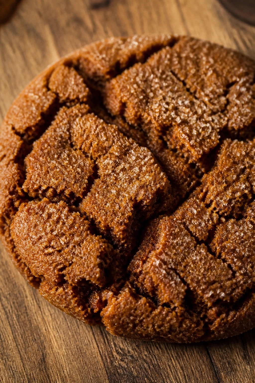 Close-up of a chewy molasses cookie on a wooden surface