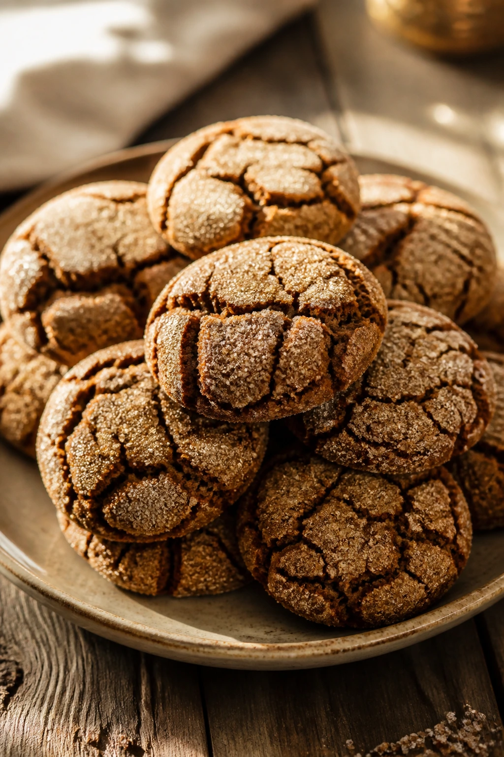 Molasses Crinkle Cookies with crackled tops on rustic plate