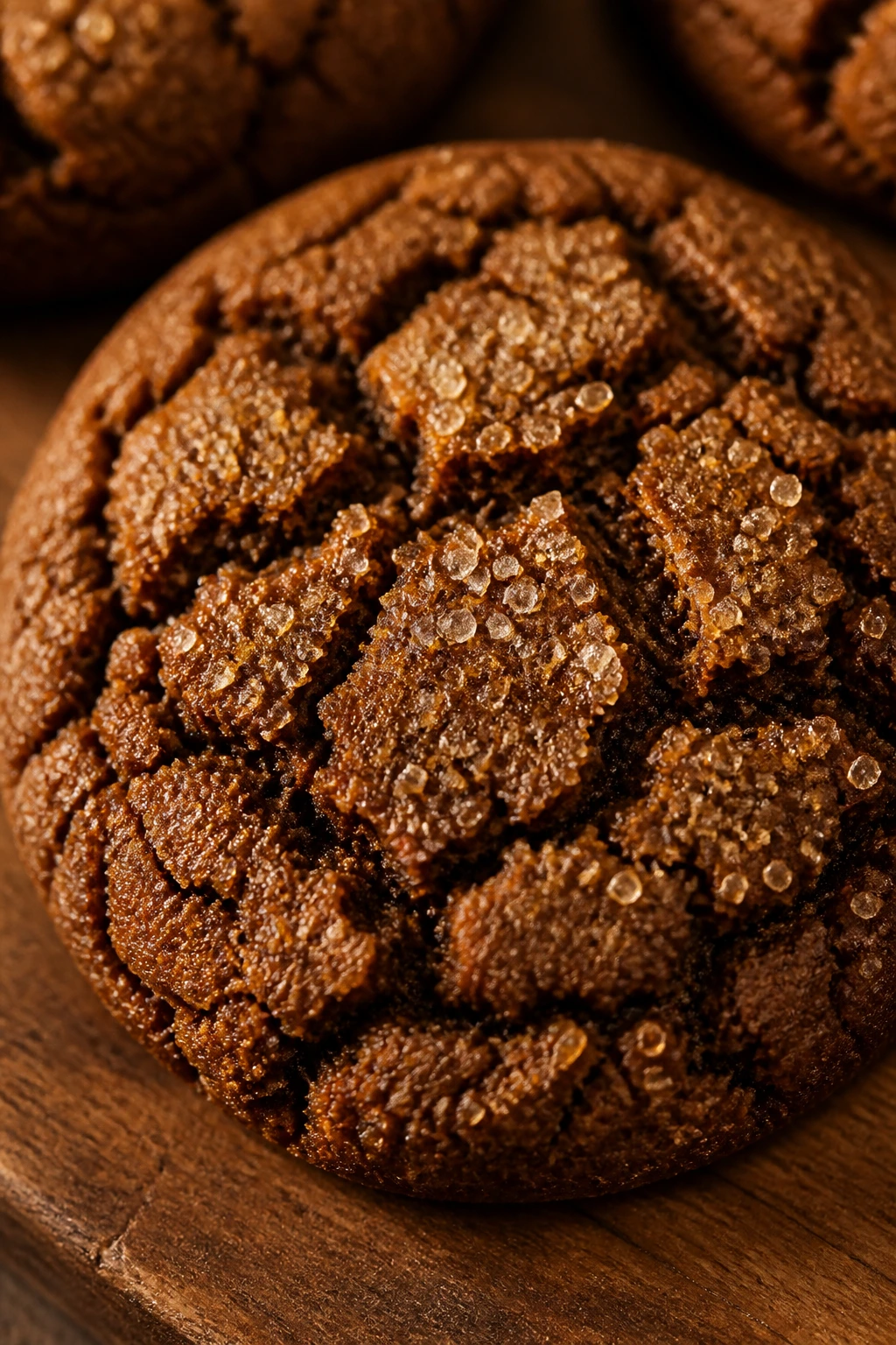 Close-up of a dark molasses ginger cookie with a crackled top.
