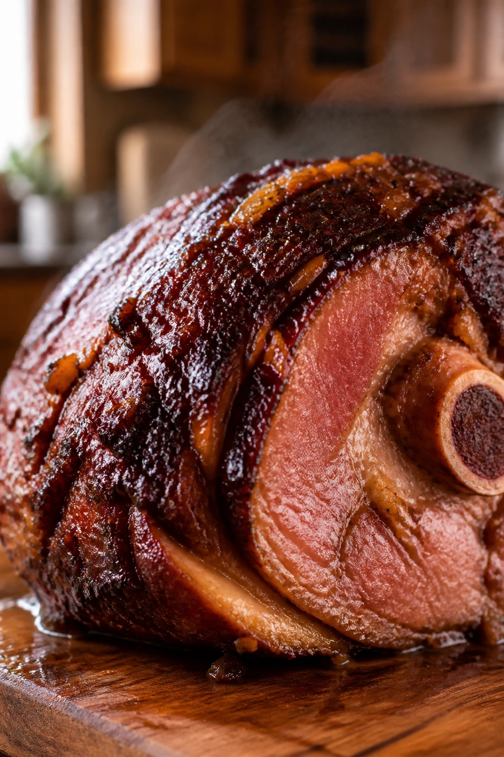 Close-up of bone-in ham with dark molasses glaze on wooden cutting board in a warm kitchen