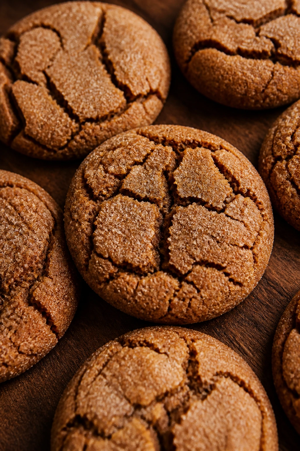 Close-up of molasses spice cookies with crackly sugar tops on a wooden board.