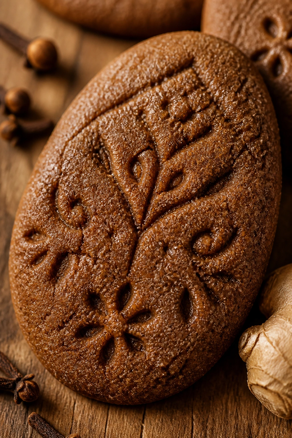Close-up of molasses spice Easter egg cookie with ginger and cloves on wood surface