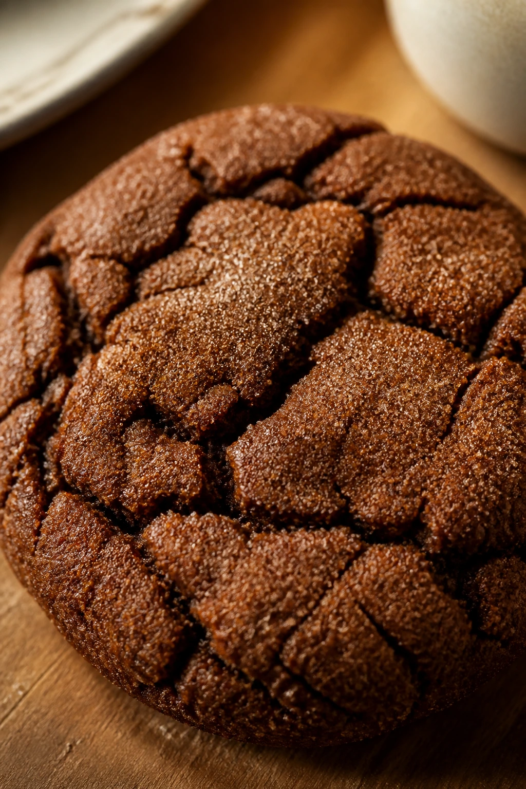 Close-up of a dark molasses spice cookie with cracks in warm light
