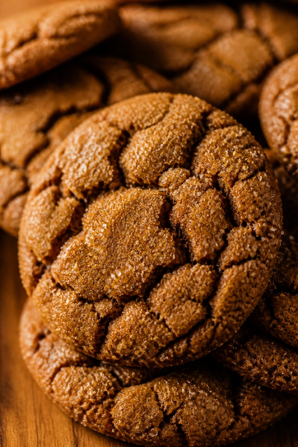 Close-up of crackled molasses spice cookies on a wooden table