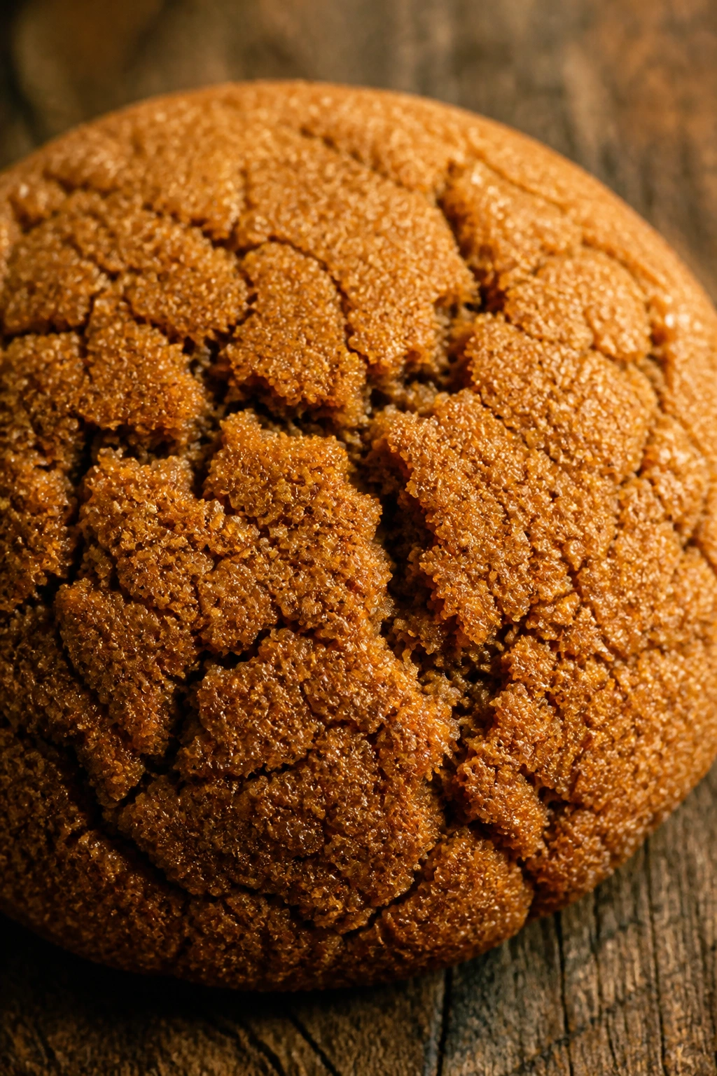 Close-up of a molasses spice sugar cookie with crack on top in a wooden kitchen