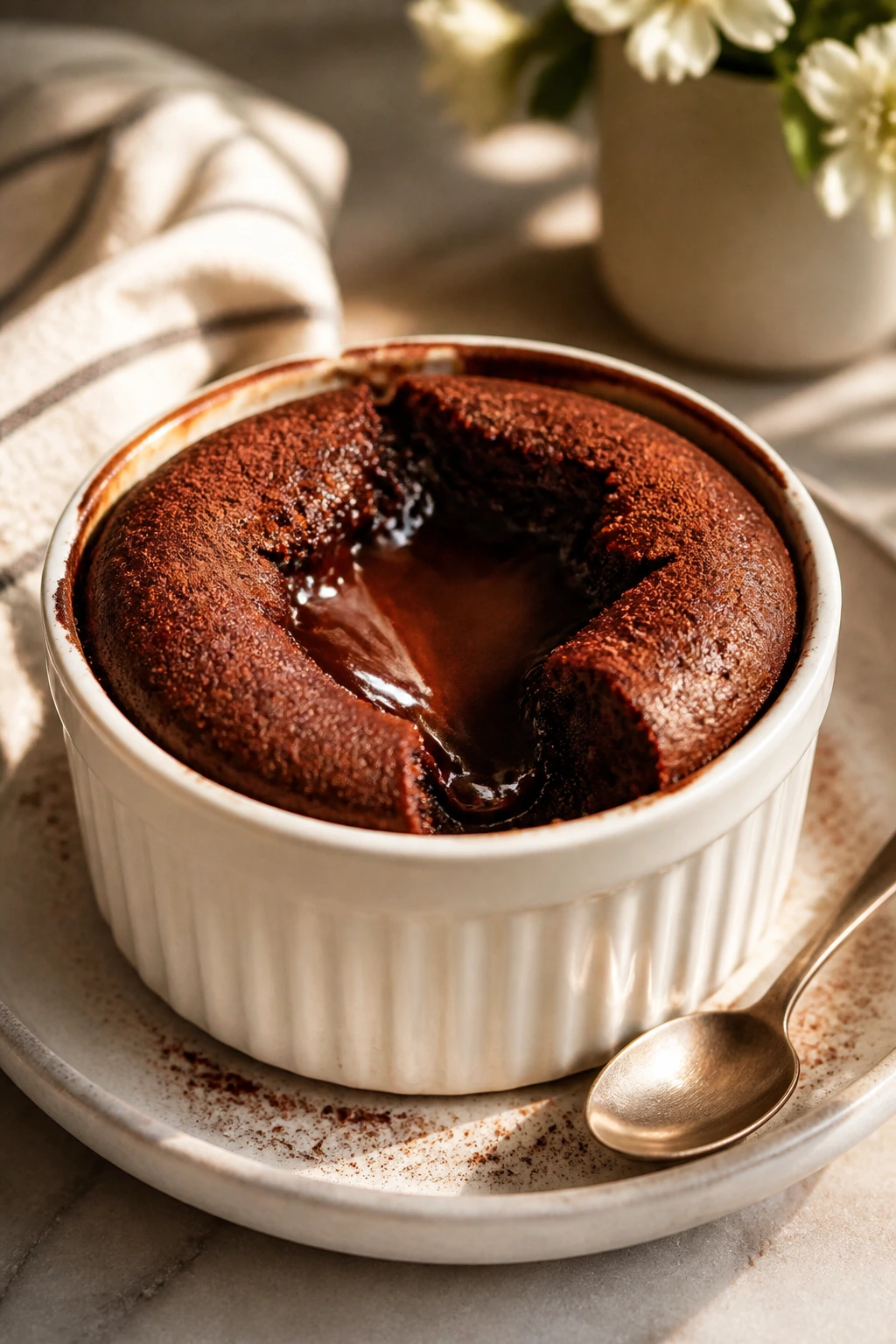 Close-up of a molten center in a chocolate cake inside a ramekin